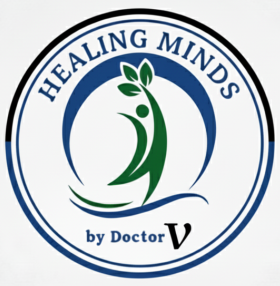 Minimal modern medical logo that reads 'Healing Minds' as a clean wordmark. Colors: navy #0f172a and teal #0d9488 on white background. Flat, vector, high contrast, centered composition.